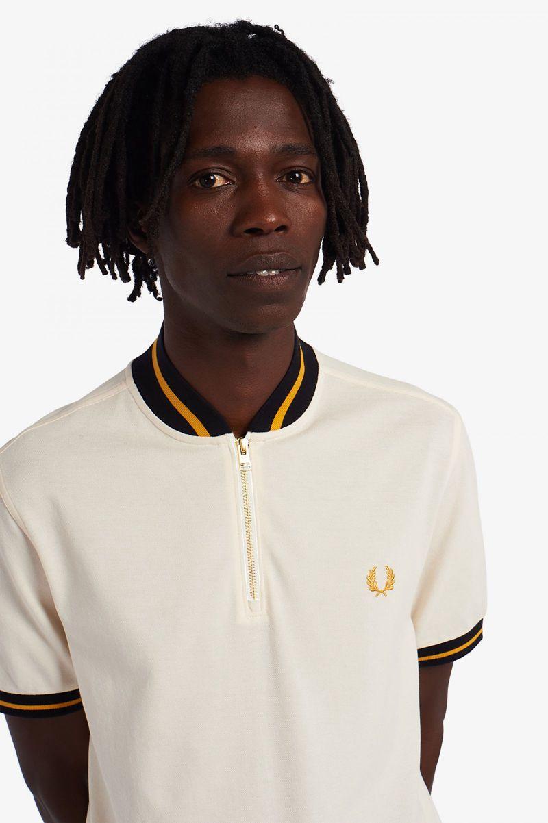 White Fred Perry Striped Bomber Neck Polo Men's Shirts | PH 1534HAPK